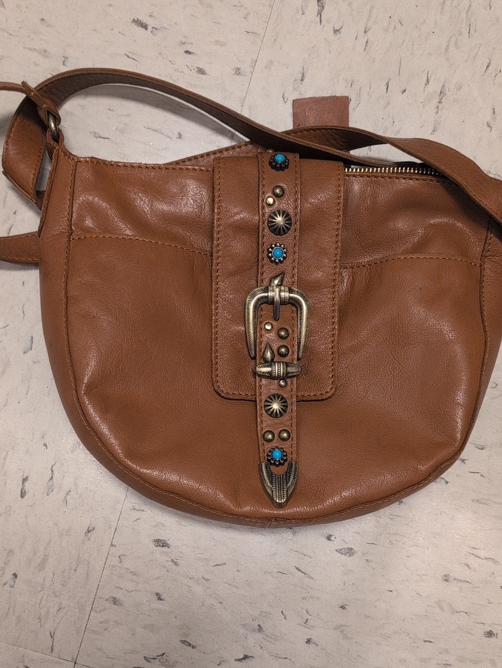 Women’s Tan Leather Crossbody Bag with Decorative Buckle